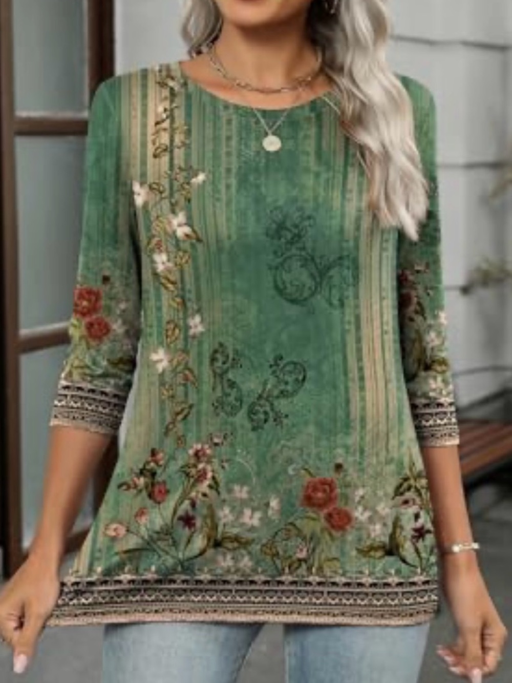NWT Zeagoo 3/4 Sleeve Round Neck T Shirt Casual Top Green Floral Size Medium